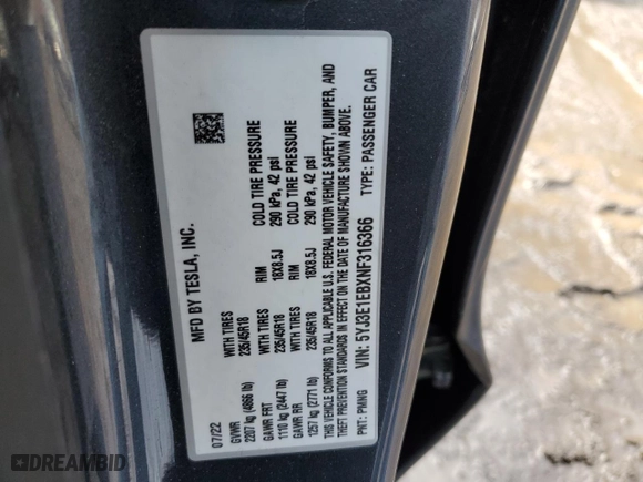 2022 Tesla Model 3 Long Range with VIN 5YJ3E1EBXNF316366, listed as a Copart auction lot 45661055 with 36,192 mi miles and Salvage Title. Bid and sale history available at carsss.com. Image 12.