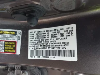 2012 Honda CR-V EX-L with VIN 5J6RM4H79CL051840, listed as a IAAI auction lot 42487917 with 96,849 mi miles and . Bid and sale history available at DreamBid. Image 9.