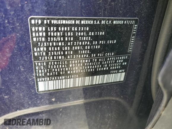 2022 Volkswagen Tiguan SE с VIN 3VV2B7AX3NM141626, выставлен на аукционе Copart как лот 57206285 с пробегом 70 293 миль миль и Списание • Salvage title. История ставок и продаж доступна на DreamBid. Изображение 13.