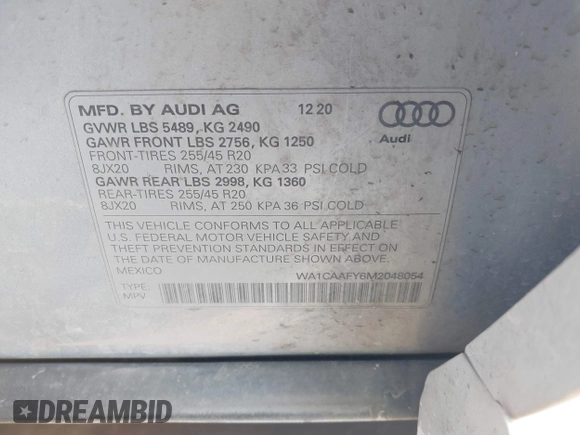 2021 Audi Q5 Prestige with VIN WA1CAAFY6M2048054, listed as a IAAI auction lot 41343544 with 88,681 mi miles. Bid and sale history available at carsss.com. Image 9.