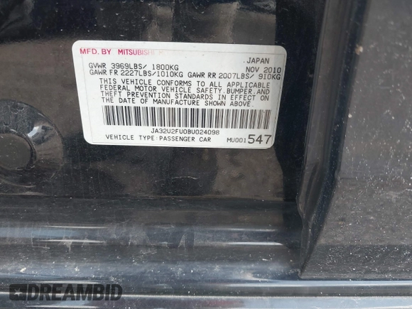 2011 Mitsubishi Lancer ES with VIN JA32U2FU0BU024098, listed as a IAAI auction lot 42367923 with 153,518 mi miles and . Bid and sale history available at DreamBid. Image 9.