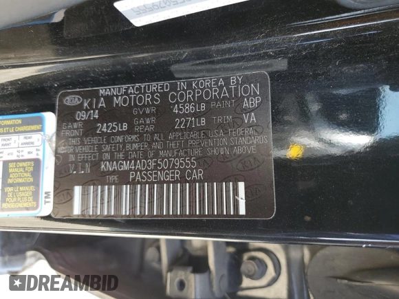 2015 Kia Optima with VIN KNAGM4AD3F5079555, listed as a Copart auction lot 59609645 with 180,534 mi miles and Clean title. Bid and sale history available at DreamBid. Image 12.