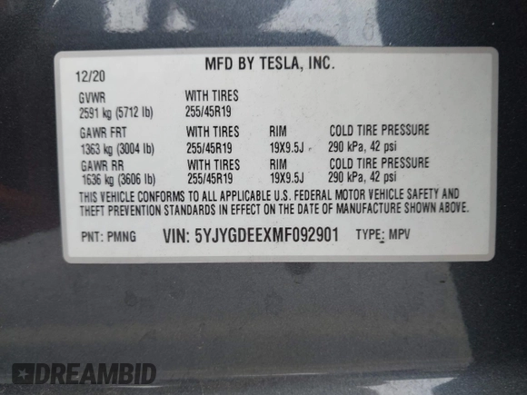 2021 Tesla Model Y Long Range with VIN 5YJYGDEEXMF092901, listed as a IAAI auction lot 42164866 with 61,240 mi miles and . Bid and sale history available at carsss.com. Image 9.