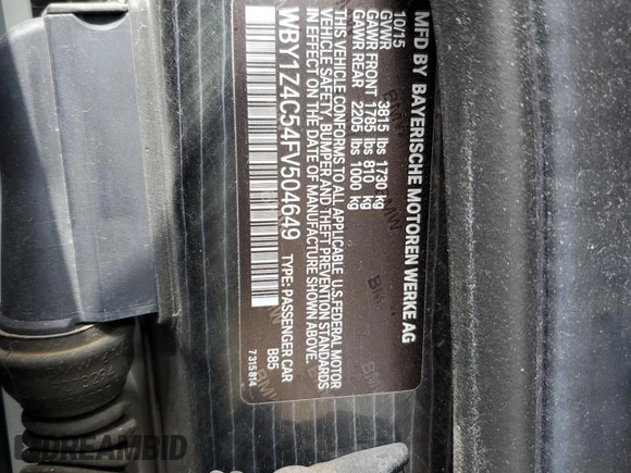 2015 BMW i3 с VIN WBY1Z4C54FV504649, выставлен на аукционе Copart как лот 56053175 с пробегом 107 568 миль миль и Списание • Salvage title. История ставок и продаж доступна на DreamBid. Изображение 13.
