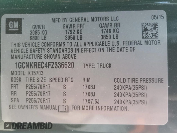 2015 Chevrolet Silverado 1500 LT with VIN 1GCNKREC4FZ336620, listed as a Copart auction lot 53743685 with 66,122 mi miles and Salvage Title. Bid and sale history available at carsss.com. Image 12.