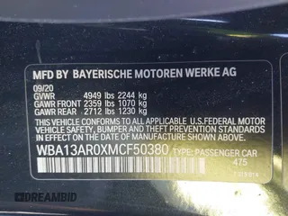 2021 BMW 4 Series M440i xDrive with VIN WBA13AR0XMCF50380, listed as a IAAI auction lot 41200404 with 26,102 mi miles and . Bid and sale history available at DreamBid. Image 9.