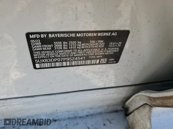 2023 BMW X3 M40i with VIN 5UX83DP07P9S24541, listed as a Copart auction lot 87211424 with Not Provided miles and Salvage Title. Bid and sale history available at DreamBid. Image 14.