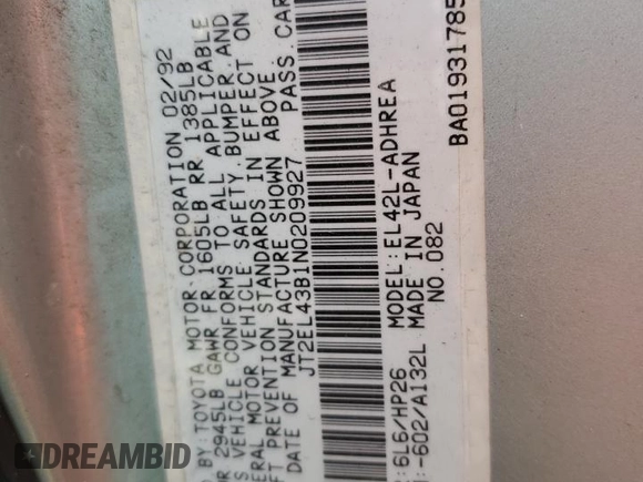 1992 Toyota Tercel z VIN JT2EL43B1N0209927, wystawiony jako Copart lot #57595275 z przebiegiem 87 577 mil mil oraz Tytuł czysty. Historia ofert i sprzedaży dostępna na DreamBid. Obrazek 12.
