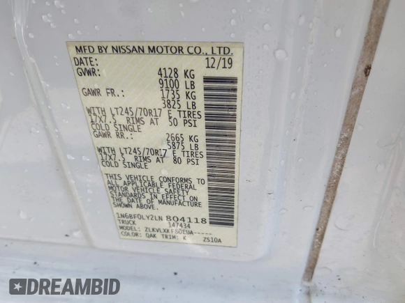 2020 Nissan NV Cargo SV z VIN 1N6BF0LY2LN804118, wystawiony jako IAAI lot #41428353 z przebiegiem 111 941 mil mil oraz . Historia ofert i sprzedaży dostępna na DreamBid. Obrazek 9.