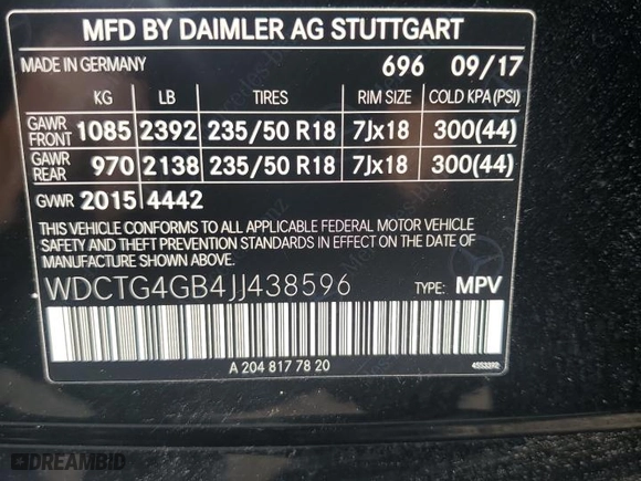 2018 Mercedes-Benz GLA with VIN WDCTG4GB4JJ438596, listed as a Copart auction lot 54548555 with 66,065 mi miles and Salvage Title. Bid and sale history available at carsss.com. Image 13.