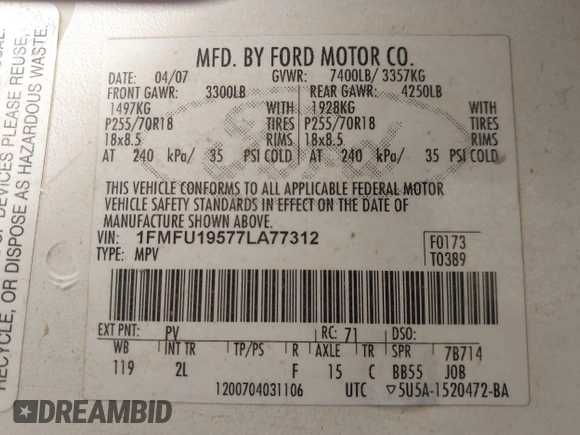 2007 Ford Expedition Limited with VIN 1FMFU19577LA77312, listed as a IAAI auction lot 41650038 with 249,558 mi miles. Bid and sale history available at carsss.com. Image 9.
