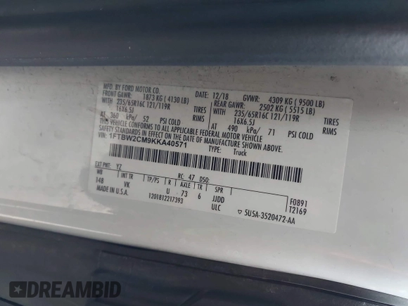 2019 Ford Transit with VIN 1FTBW2CM9KKA40571, listed as a IAAI auction lot 41995014 with 112,410 mi miles and . Bid and sale history available at DreamBid. Image 9.