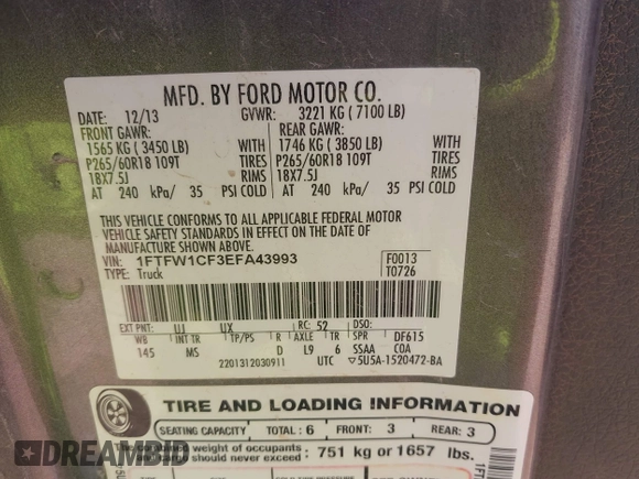 2014 Ford F-150 XL с VIN 1FTFW1CF3EFA43993, выставлен на аукционе IAAI как лот 42206788 с пробегом 159 080 миль миль и . История ставок и продаж доступна на DreamBid. Изображение 9.