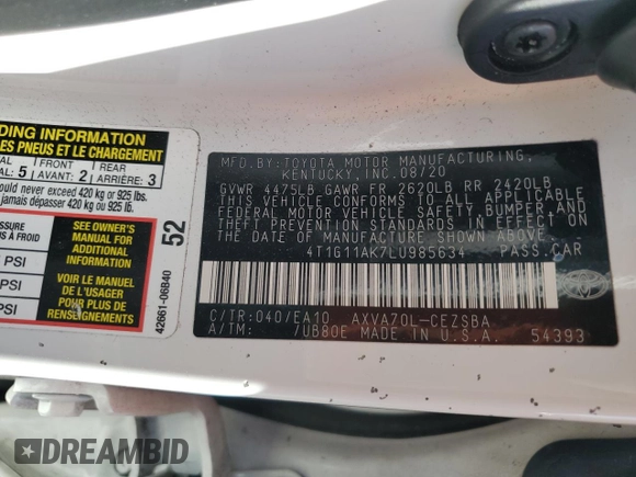 2020 Toyota Camry SE z VIN 4T1G11AK7LU985634, wystawiony jako Copart lot #44542155 z przebiegiem 54 494 mil mil oraz Nie do naprawy • Non repairable. Historia ofert i sprzedaży dostępna na DreamBid. Obrazek 13.