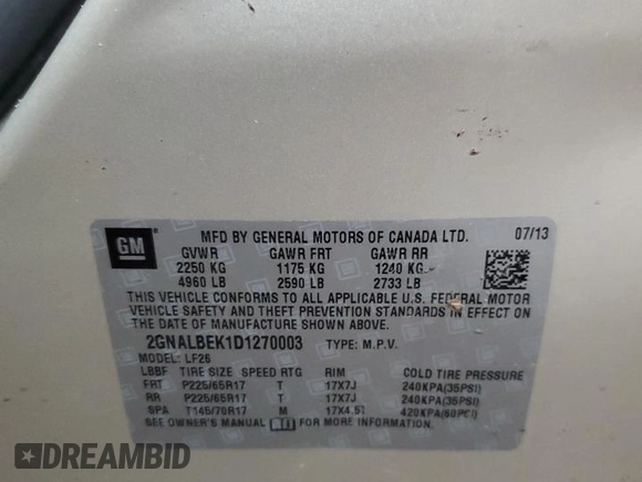2013 Chevrolet Equinox LS with VIN 2GNALBEK1D1270003, listed as a Copart auction lot 88706975 with 125,648 mi miles and Clean Title. Bid and sale history available at carsss.com. Image 12.