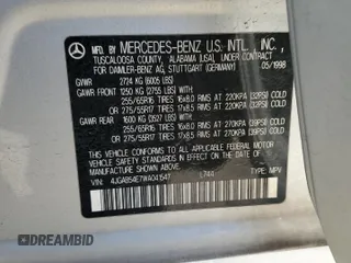 1998 Mercedes-Benz M-Class with VIN 4JGAB54E7WA041547, listed as a Copart auction lot 42334655 with 183,814 mi miles and Salvage Title. Bid and sale history available at carsss.com. Image 13.