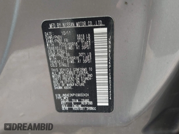 2012 Nissan Quest SL with VIN JN8AE2KP1C9032424, listed as a IAAI auction lot 42038372 with 205,530 mi miles. Bid and sale history available at carsss.com. Image 9.