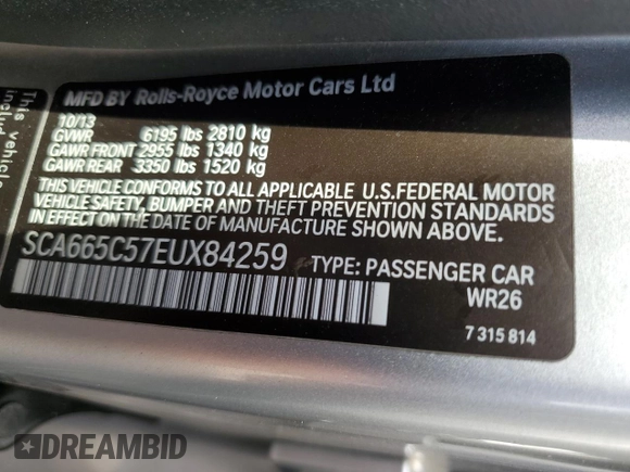 2014 Rolls-Royce Wraith z VIN SCA665C57EUX84259, wystawiony jako Copart lot #65586204 z przebiegiem 52 048 mil mil oraz Szkody całkowita. Historia ofert i sprzedaży dostępna na DreamBid. Obrazek 13.
