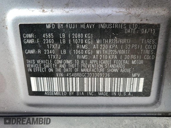 2013 Subaru Outback Premium with VIN 4S4BRBGC2D3309236, listed as a Copart auction lot 54017115 with 108,038 mi miles and Salvage Title. Bid and sale history available at carsss.com. Image 12.