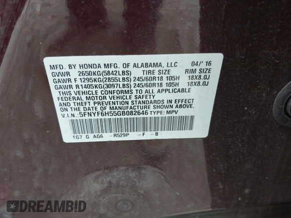 2016 Honda Pilot EX-L with VIN 5FNYF6H55GB082646, listed as a IAAI auction lot 42682375 with 96,314 mi miles and . Bid and sale history available at DreamBid. Image 9.