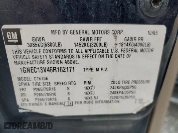 2006 Chevrolet Tahoe LS z VIN 1GNEC13V46R162171, wystawiony jako Copart lot #59818735 z przebiegiem 209 145 mil mil oraz Szkoda całkowita • Salvage title. Historia ofert i sprzedaży dostępna na DreamBid. Obrazek 13.