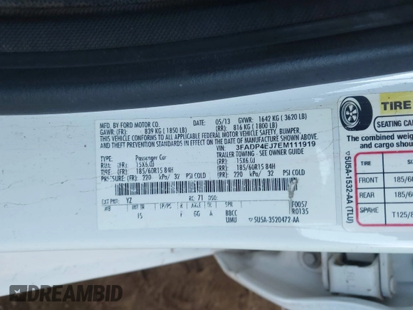 2014 Ford Fiesta SE with VIN 3FADP4EJ7EM111919, listed as a IAAI auction lot 42063116 with 154,137 mi miles and . Bid and sale history available at DreamBid. Image 9.