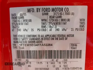 2015 Ford F-150 XLT with VIN 1FTEW1EG4FFA52284, listed as a IAAI auction lot 41894358 with 106,170 mi miles and . Bid and sale history available at carsss.com. Image 9.