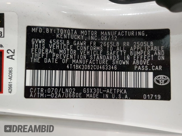 2012 Toyota Avalon z VIN 4T1BK3DB2CU463346, wystawiony jako Copart lot #57769545 z przebiegiem 69 218 mil mil oraz Szkoda całkowita • Salvage title. Historia ofert i sprzedaży dostępna na DreamBid. Obrazek 13.