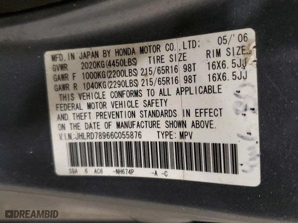 2006 Honda CR-V EX SE with VIN JHLRD78966C055876, listed as a Copart auction lot 86930104 with 176,675 mi miles and Clean Title. Bid and sale history available at carsss.com. Image 13.