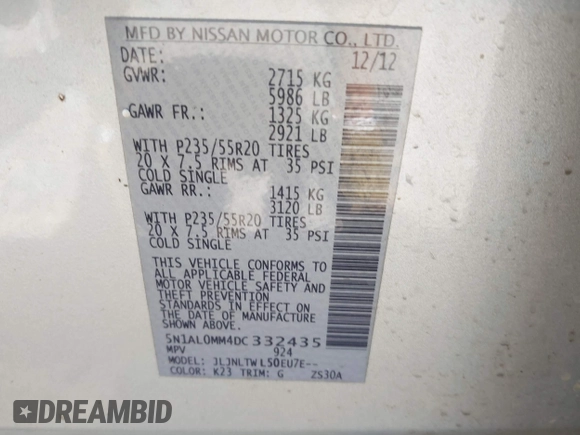 2013 Infiniti JX35 с VIN 5N1AL0MM4DC332435, выставлен на аукционе IAAI как лот 42256294 с пробегом 164 191 миль миль и . История ставок и продаж доступна на DreamBid. Изображение 9.