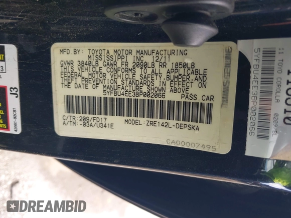 2011 Toyota Corolla L with VIN 5YFBU4EE3BP002066, listed as a IAAI auction lot 41697328 with 1 mi miles. Bid and sale history available at carsss.com. Image 9.