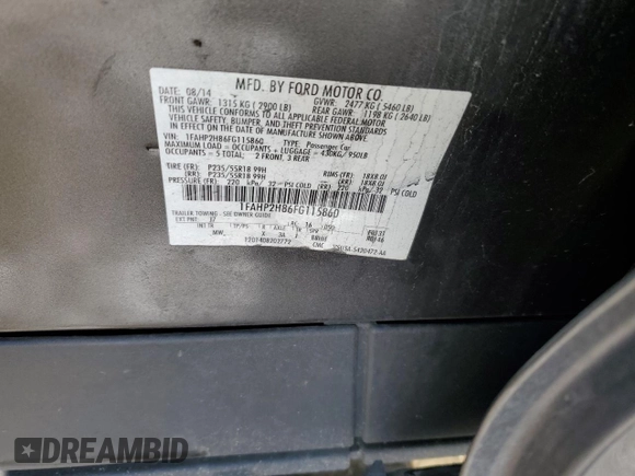 2015 Ford Taurus SEL with VIN 1FAHP2H86FG115860, listed as a Copart auction lot 43218065 with 99,548 mi miles and Salvage Title. Bid and sale history available at DreamBid. Image 12.
