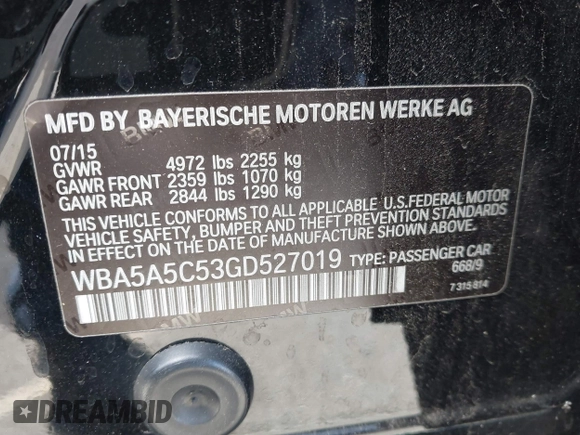 2016 BMW 5 Series 528i with VIN WBA5A5C53GD527019, listed as a IAAI auction lot 41625835 with 99,264 mi miles. Bid and sale history available at carsss.com. Image 9.
