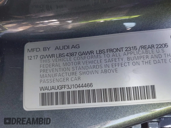 2018 Audi A3 Sedan Premium with VIN WAUAUGFF3J1044466, listed as a IAAI auction lot 41444684 with 47,327 mi miles. Bid and sale history available at carsss.com. Image 9.