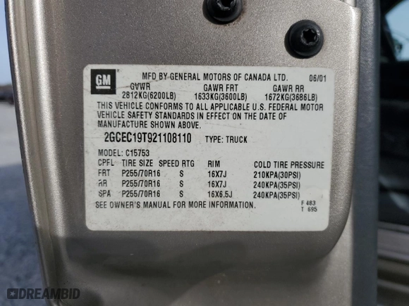 2002 Chevrolet Silverado 1500 LT with VIN 2GCEC19T921108110, listed as a Copart auction lot 85073854 with 190,042 mi miles and Salvage Title. Bid and sale history available at carsss.com. Image 14.