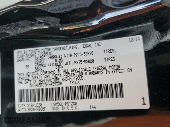 2015 Toyota Tundra Platinum z VIN 5TFAW5F15FX439338, wystawiony jako Copart lot #53471185 z przebiegiem 93 454 mil mil oraz Szkoda całkowita • Salvage title. Historia ofert i sprzedaży dostępna na DreamBid. Obrazek 15.