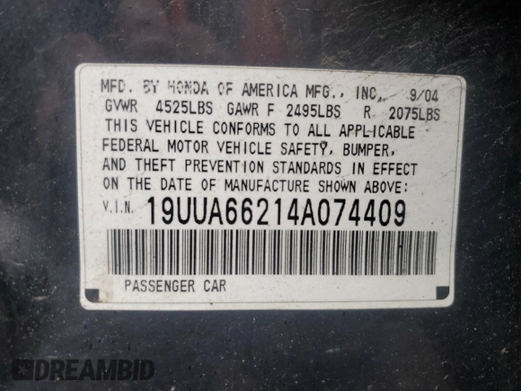 2004 Acura TL z VIN 19UUA66214A074409, wystawiony jako Copart lot #58357285 z przebiegiem 173 570 mil mil oraz Czysty tytuł • Clean title. Historia ofert i sprzedaży dostępna na DreamBid. Obrazek 12.