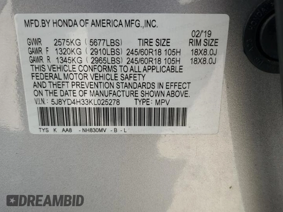 2019 Acura MDX z VIN 5J8YD4H33KL025278, wystawiony jako Copart lot #63342955 z przebiegiem 65 085 mil mil oraz Szkoda całkowita • Salvage title. Historia ofert i sprzedaży dostępna na DreamBid. Obrazek 13.