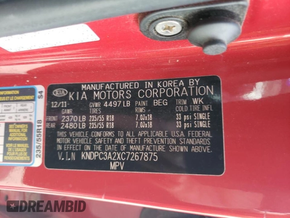 2012 Kia Sportage EX with VIN KNDPC3A2XC7267875, listed as a Copart auction lot 60050415 with 170,219 mi miles and Salvage title. Bid and sale history available at DreamBid. Image 13.