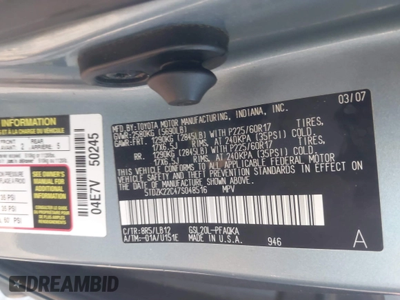 2007 Toyota Sienna XLE with VIN 5TDZK22C47S048516, listed as a IAAI auction lot 41367115 with 236,058 mi miles. Bid and sale history available at carsss.com. Image 9.