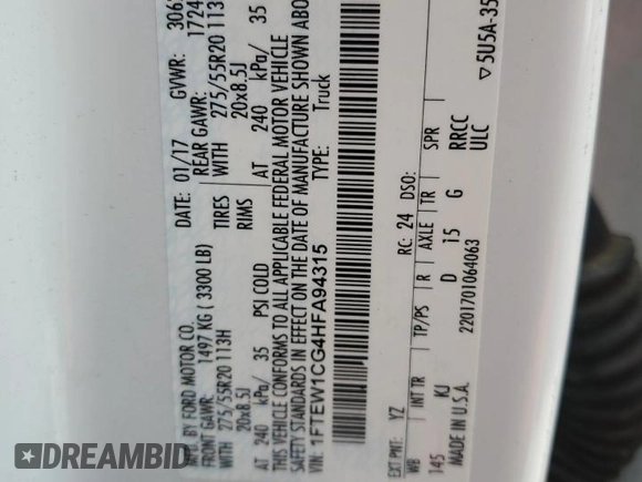 2017 Ford F-150 XL с VIN 1FTEW1CG4HFA94315, выставлен на аукционе Copart как лот 60079105 с пробегом 185 156 миль миль и Чистый • Clean title. История ставок и продаж доступна на DreamBid. Изображение 12.
