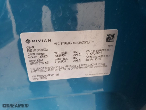 2023 Rivian R1T Adventure with VIN 7FCTGAAA8PN017335, listed as a Copart auction lot 63705604 with 0 mi miles and Clean Title. Bid and sale history available at carsss.com. Image 13.