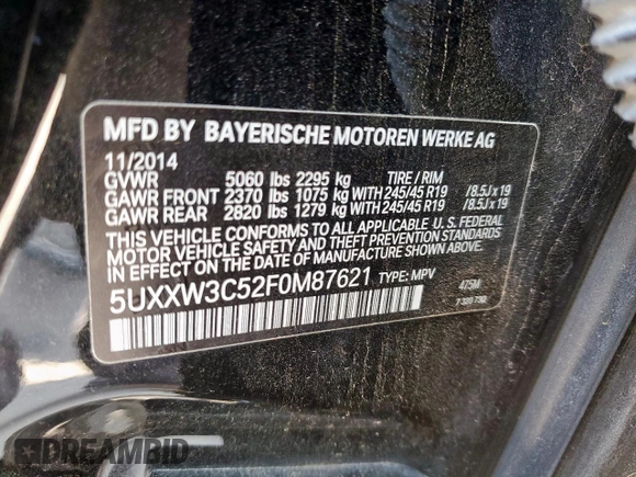 2015 BMW X4 xDrive28i with VIN 5UXXW3C52F0M87621, listed as a Copart auction lot 59176505 with 163,727 mi miles and Salvage title. Bid and sale history available at DreamBid. Image 13.