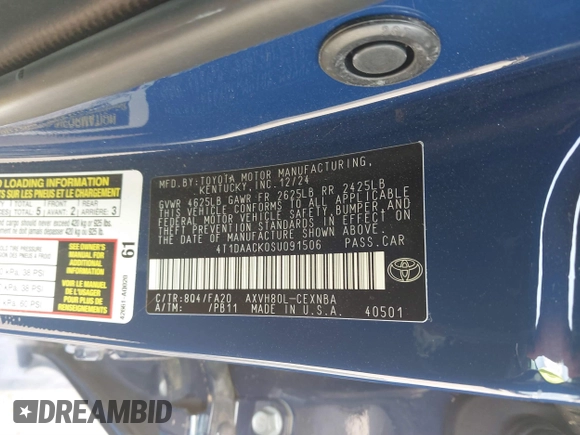 2025 Toyota Camry LE with VIN 4T1DAACK0SU091506, listed as a IAAI auction lot 41880460 with 8,407 mi miles and . Bid and sale history available at DreamBid. Image 9.