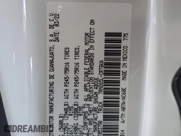 2022 Toyota Tacoma SR z VIN 3TYRX5GN7NT053790, wystawiony jako Copart lot #82523494 z przebiegiem 44 362 mil mil oraz Nie do naprawy • Non repairable. Historia ofert i sprzedaży dostępna na DreamBid. Obrazek 12.