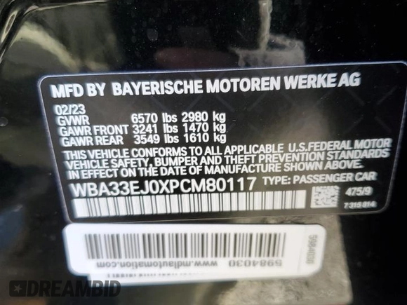 2023 BMW 7 Series 760i xDrive with VIN WBA33EJ0XPCM80117, listed as a Copart auction lot 84407104 with Not provided miles and Salvage title. Bid and sale history available at DreamBid. Image 14.