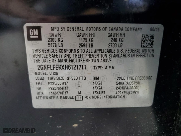 2017 Chevrolet Equinox LT with VIN 2GNFLFEKXH6121711, listed as a Copart auction lot 53075725 with 131,810 mi miles and Clean Title. Bid and sale history available at carsss.com. Image 13.