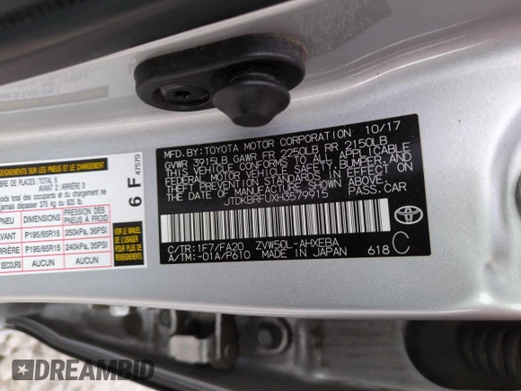 2017 Toyota Prius Two z VIN JTDKBRFUXH3579915, wystawiony jako Copart lot #49312995 z przebiegiem 117 884 mil mil oraz Szkoda całkowita • Salvage title. Historia ofert i sprzedaży dostępna na DreamBid. Obrazek 12.