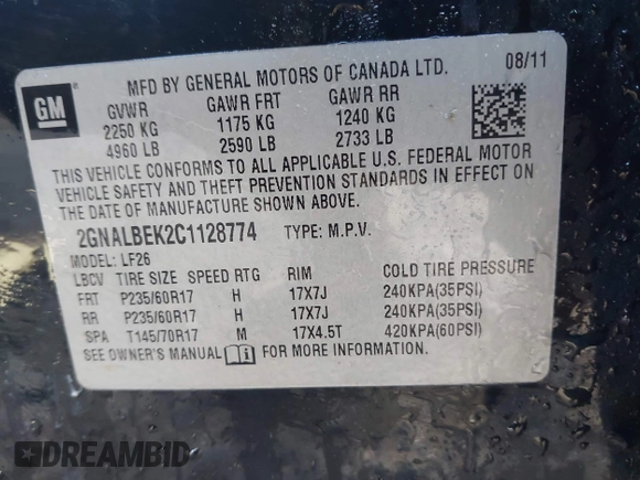 2012 Chevrolet Equinox LS with VIN 2GNALBEK2C1128774, listed as a IAAI auction lot 41879618 with Not Provided miles and . Bid and sale history available at DreamBid. Image 9.