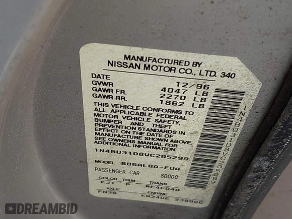 1997 Nissan Altima XE with VIN 1N4BU31D8VT205299, listed as a IAAI auction lot 42081935 with 235,426 mi miles. Bid and sale history available at carsss.com. Image 9.